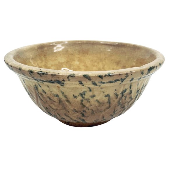 Antique Yellow Ware 8" Mixing Serving Bowl Green Spongeware Pottery Primitive - Picture 12 of 12